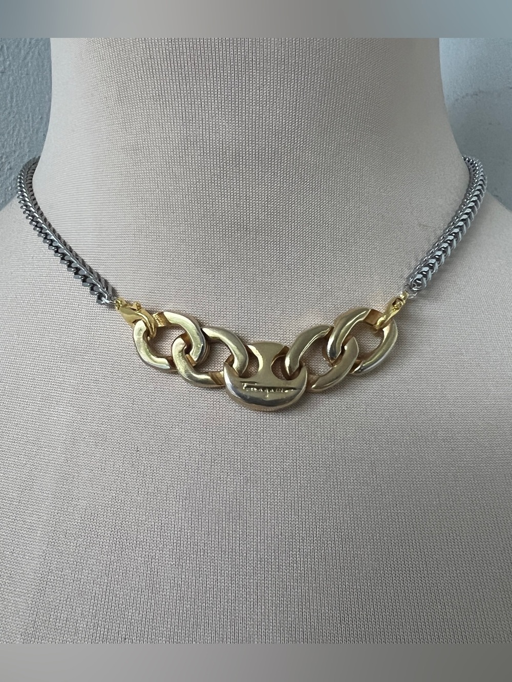 Custom Ferragamo two-tone vintage buckle hardware choker necklace 15-16”
